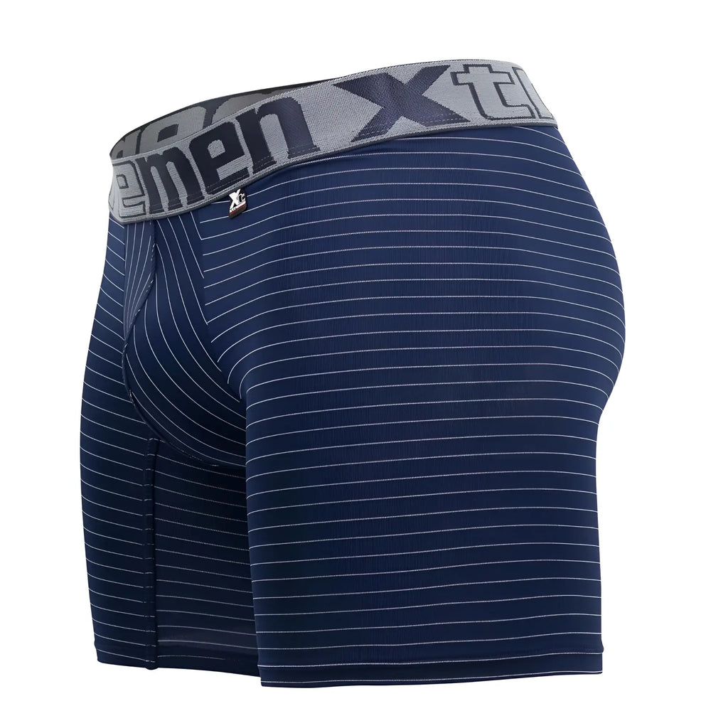 Navy blue men’s boxer briefs with white pinstripes and gray xtreme logo waistband xtremen 70004 plus model