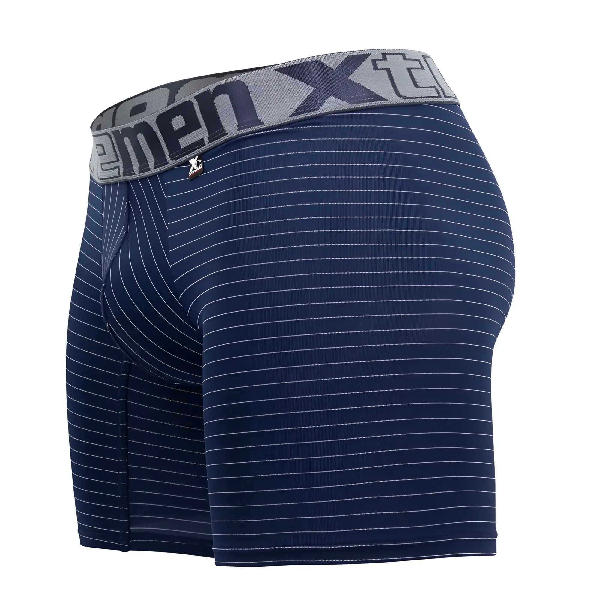Navy blue men’s boxer briefs with white pinstripes and gray xtreme logo waistband xtremen 70004 plus model
