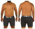 Black men’s Xtremen 70005 Plus boxer briefs with subtle textured pattern and white elastic waistband with logo