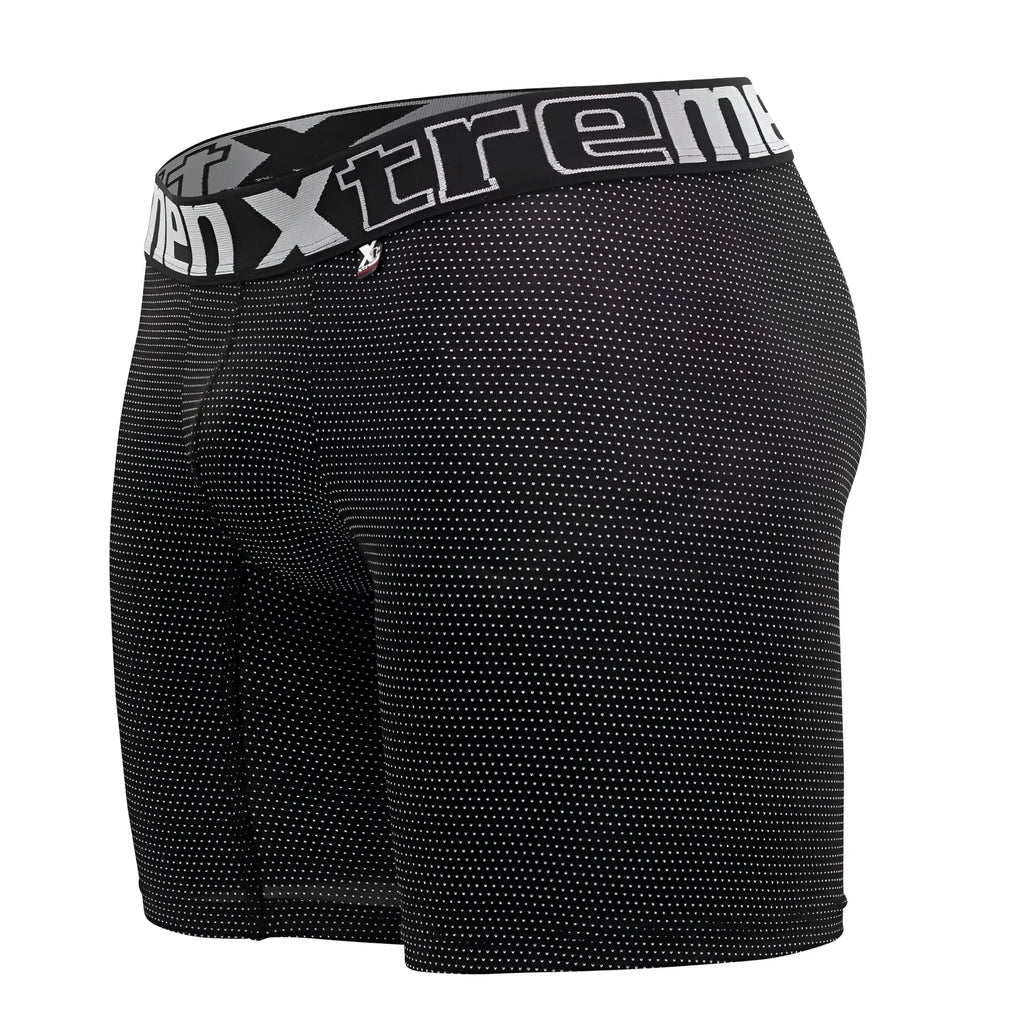 Black men’s Xtremen 70005 Plus boxer briefs with subtle white dot pattern and branded elastic waistband