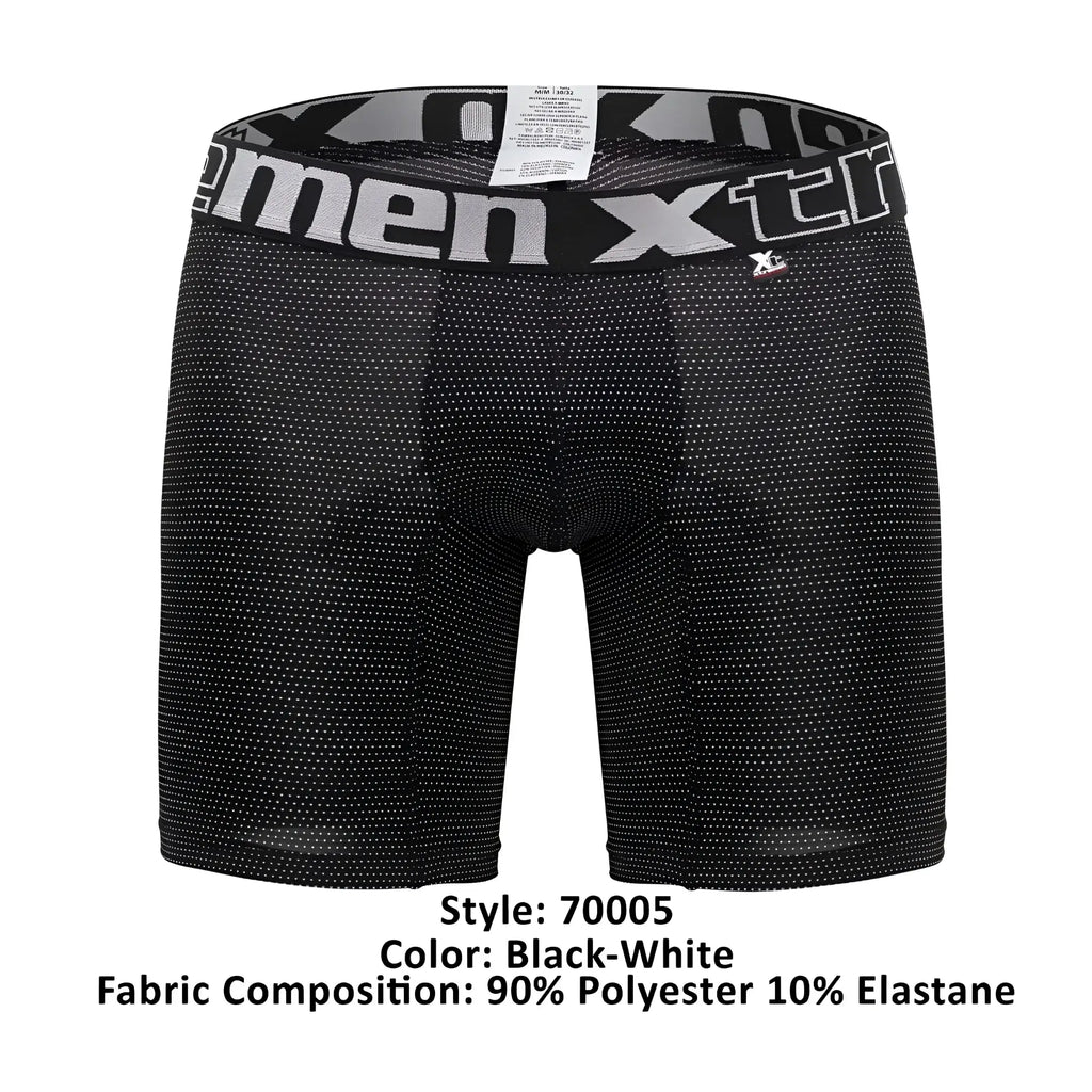 Black men’s boxer briefs xtremen 70005 plus with subtle white dot pattern and gray black xtreme logo waistband