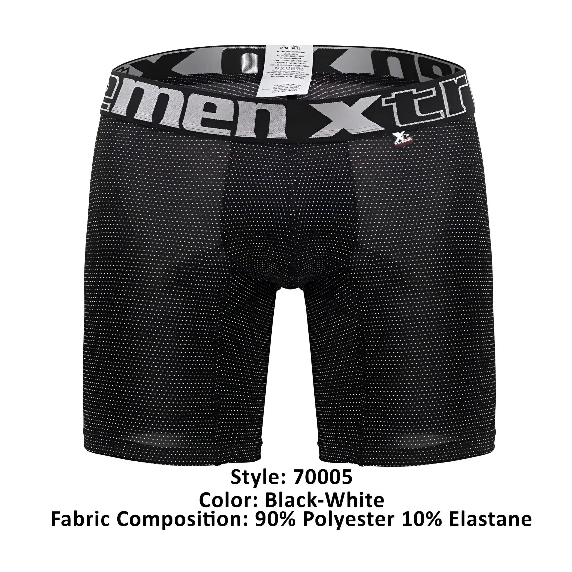 Black men’s boxer briefs xtremen 70005 plus with subtle white dot pattern and gray black xtreme logo waistband