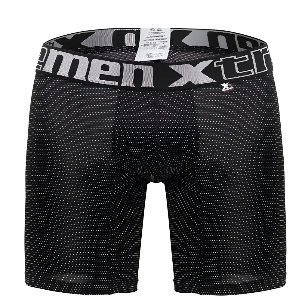 Black mens boxer briefs xtremen 70005 plus with subtle white dot pattern and gray waistband featuring xtreme logo