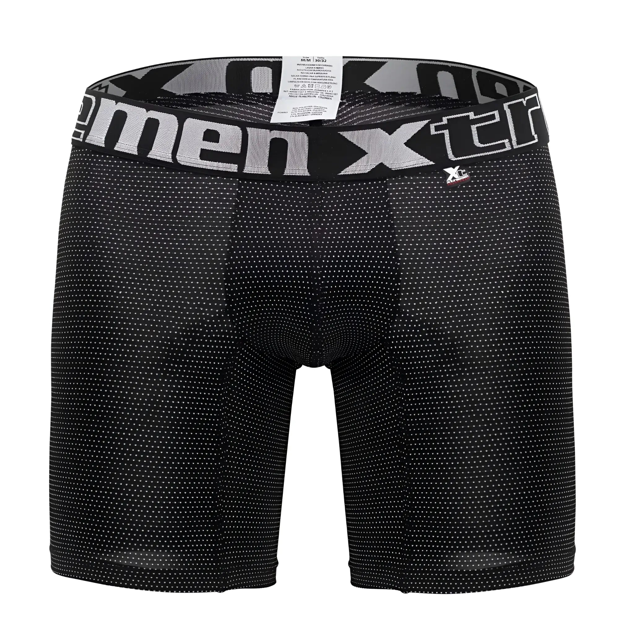 Black mens boxer briefs xtremen 70005 plus with subtle white dot pattern and gray waistband featuring xtreme logo