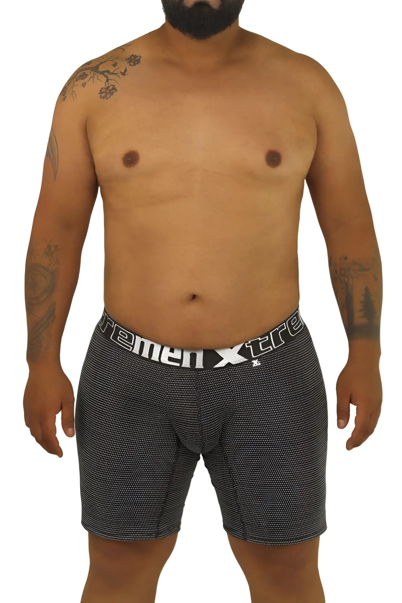 Xtremen 70005 plus black and white patterned men’s boxer briefs with branded waistband made of soft fabric
