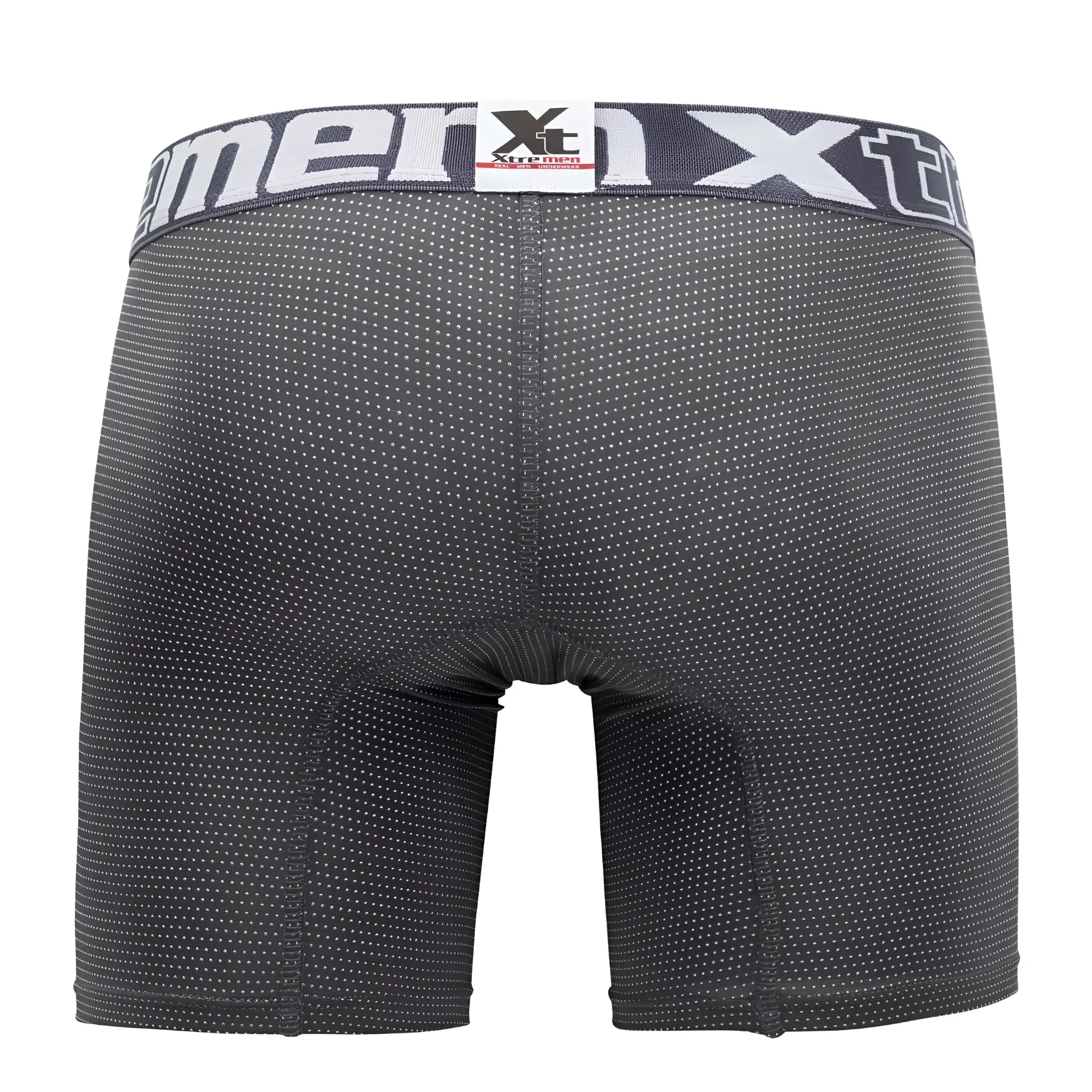 Black xtreme men’s boxer briefs xtremen 70005 plus with subtle white dot pattern and gray waistband with xt logo