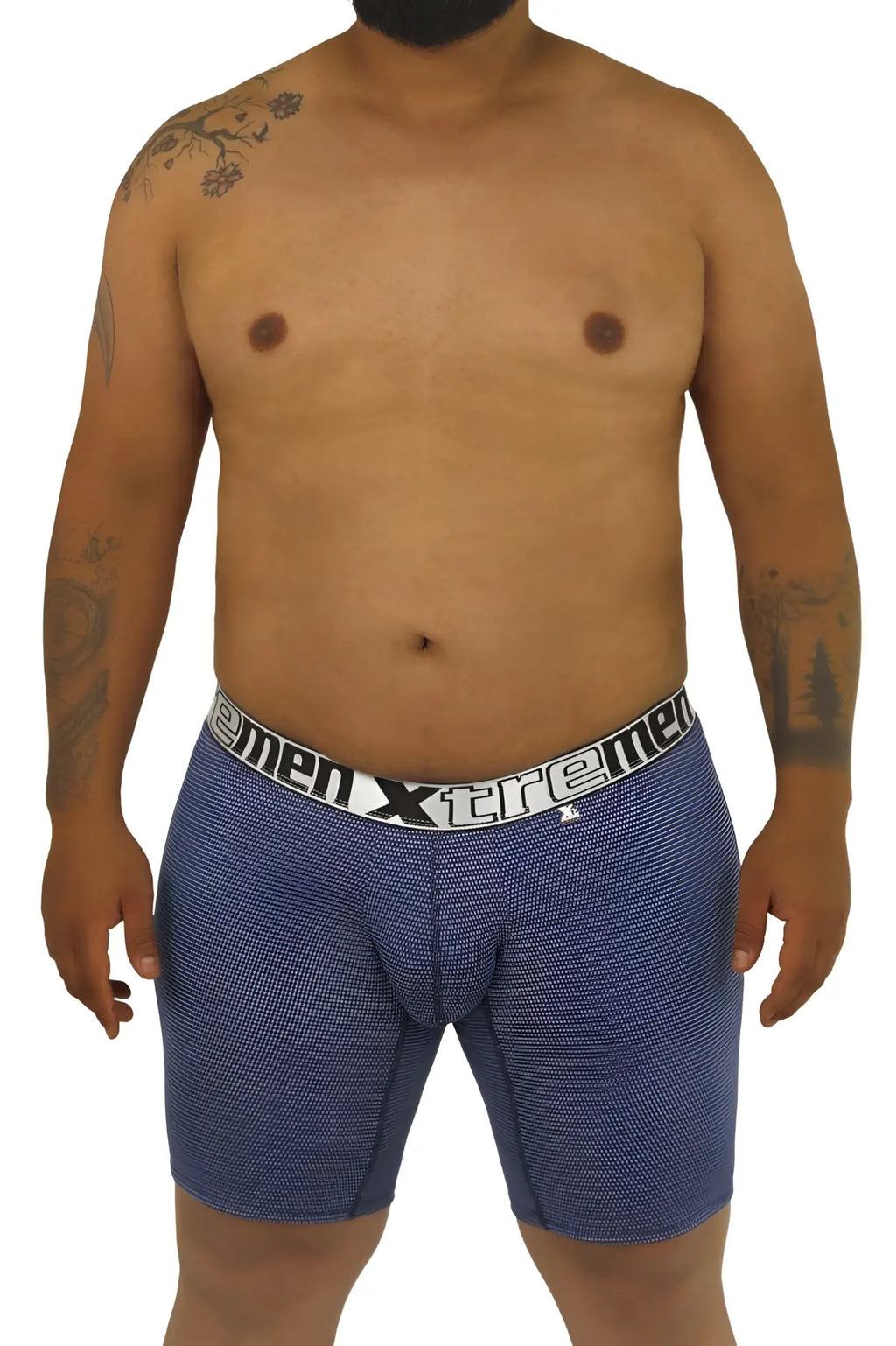 Blue patterned men’s boxer briefs with white elastic waistband featuring xtreme brand logo xtremen 70005 plus