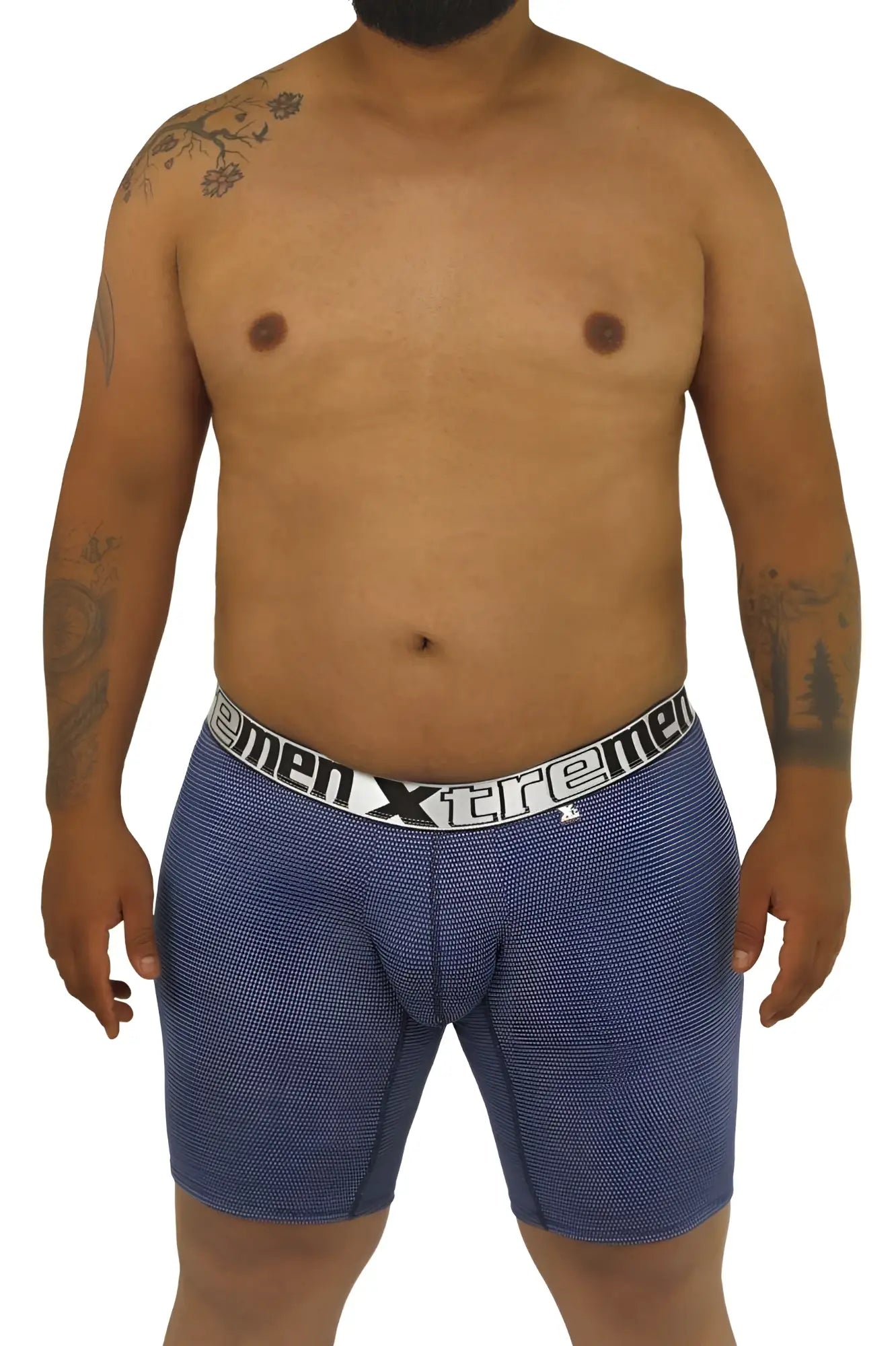 Blue patterned men’s boxer briefs with white elastic waistband featuring xtreme brand logo xtremen 70005 plus