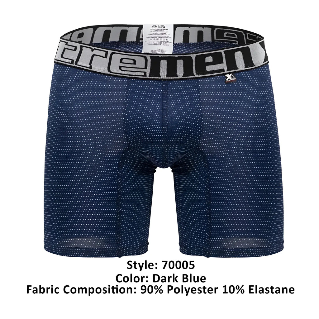 Dark blue Xtremen 70005 Plus boxer briefs with white dot pattern and gray waistband featuring extreme brand name