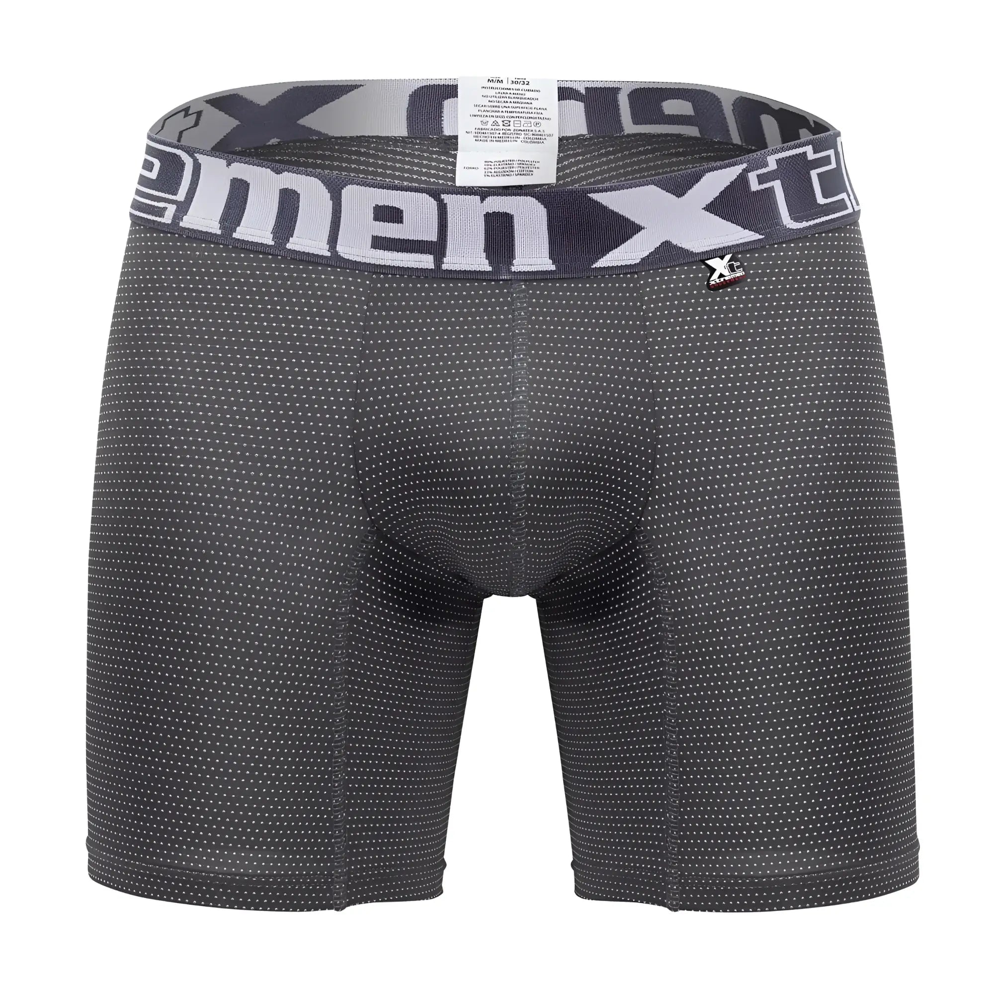 Dark gray men’s boxer briefs xtremen 70005 plus with subtle white dots and matching xtreme logo waistband