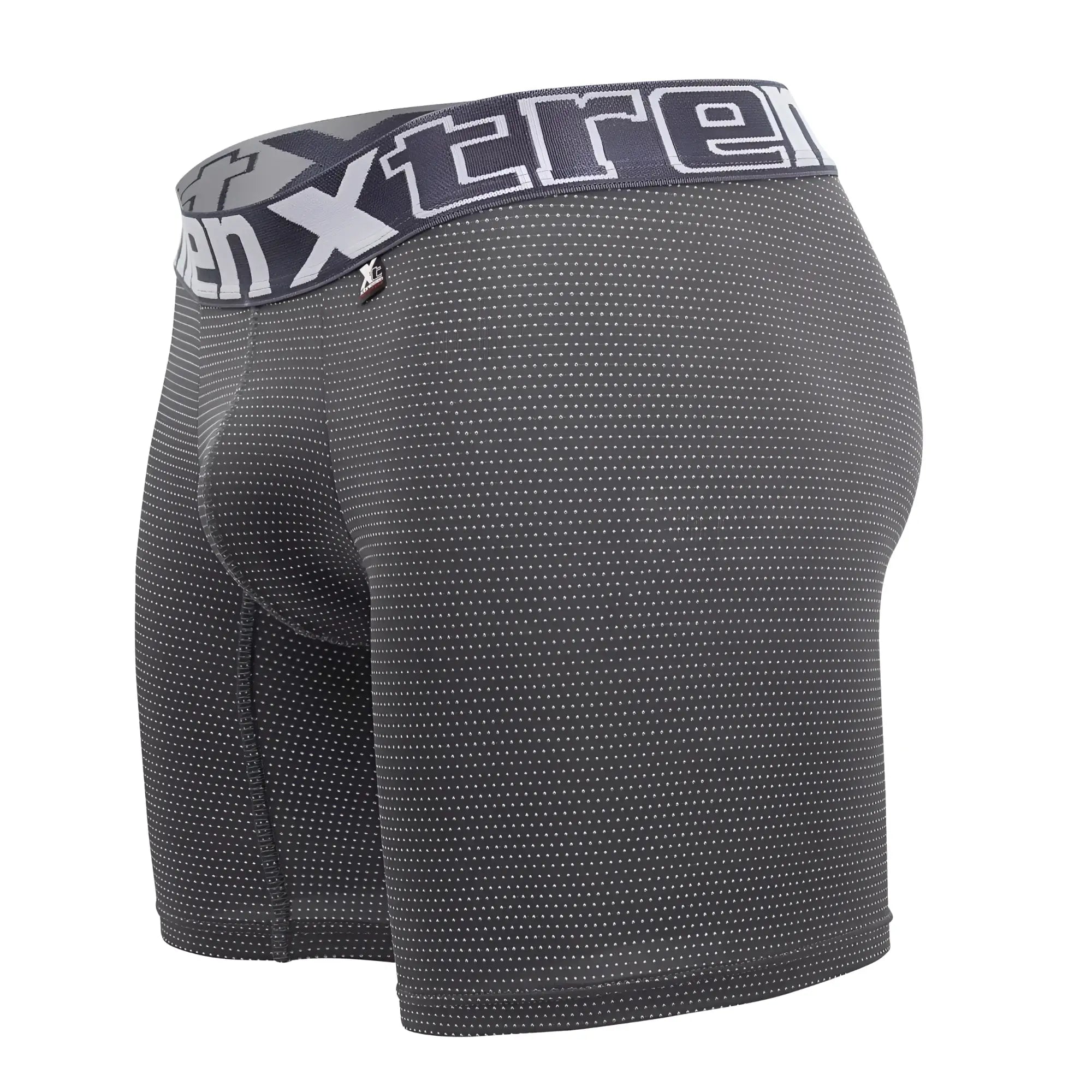 Dark gray xtremen 70005 plus boxer briefs with subtle white dot pattern and matching xtreme logo waistband