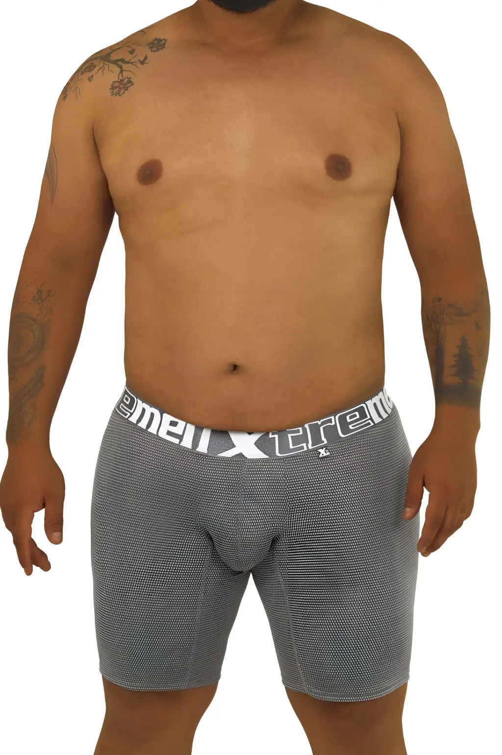 Xtremen 70005 Plus gray textured men’s boxer briefs with white elastic waistband featuring the xtreme logo