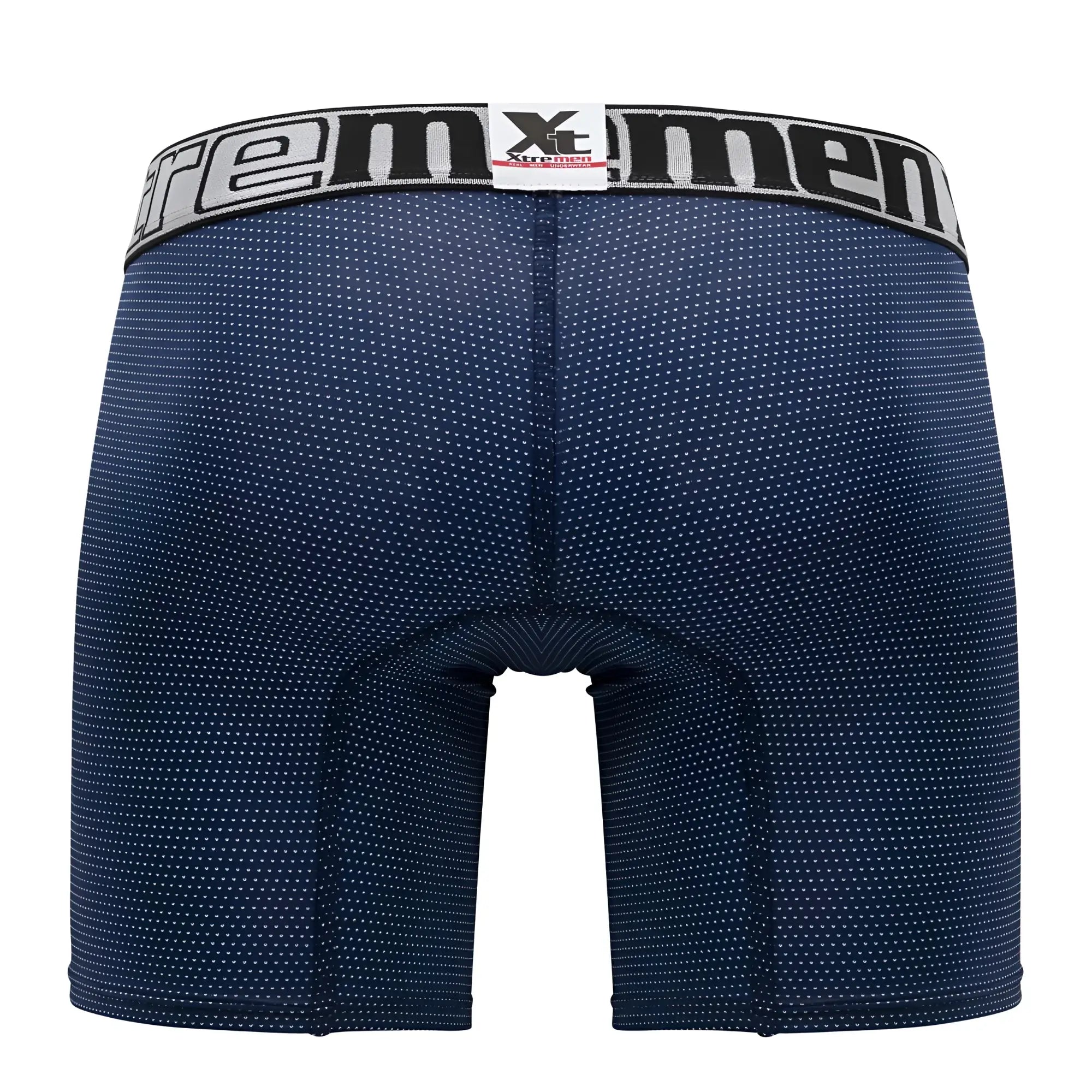 Navy blue xtremen 70005 plus boxer briefs with subtle white dots and gray waistband featuring xtreme men logo