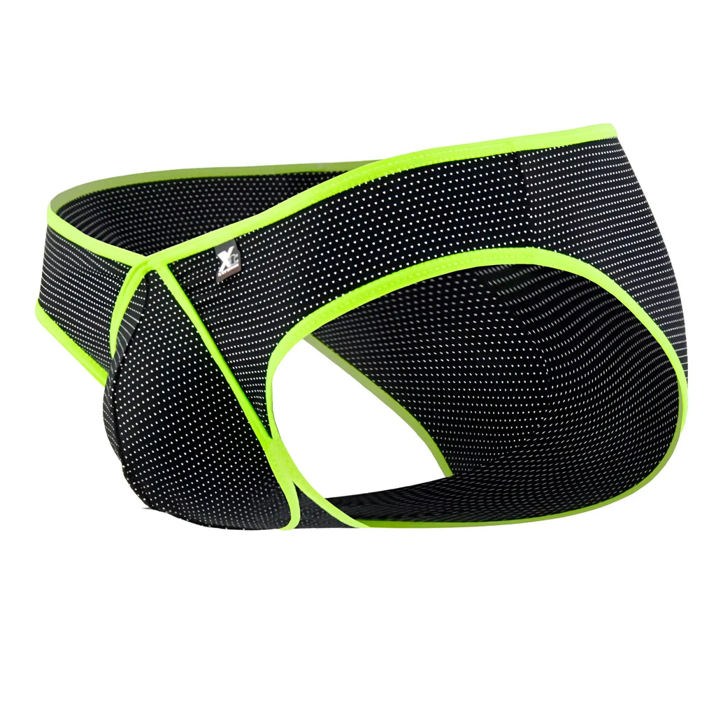 Xtremen 91021X microfiber briefs in black with neon green trim and subtle white dot pattern made of black mesh