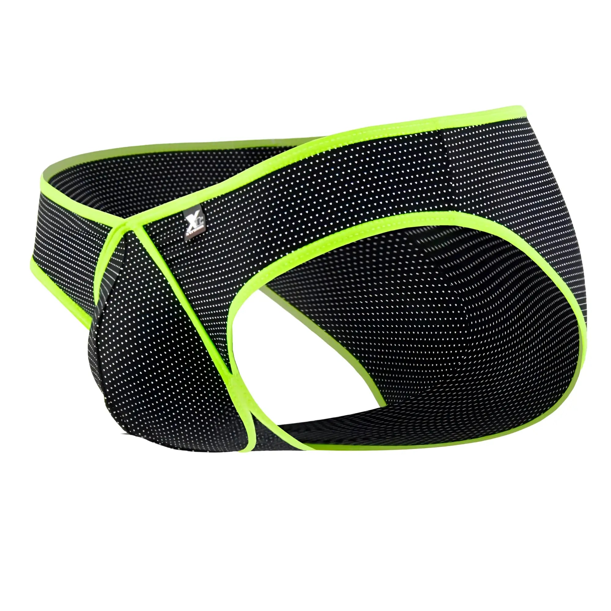 Xtremen 91021X microfiber briefs in black with neon green trim and subtle white dot pattern made of black mesh