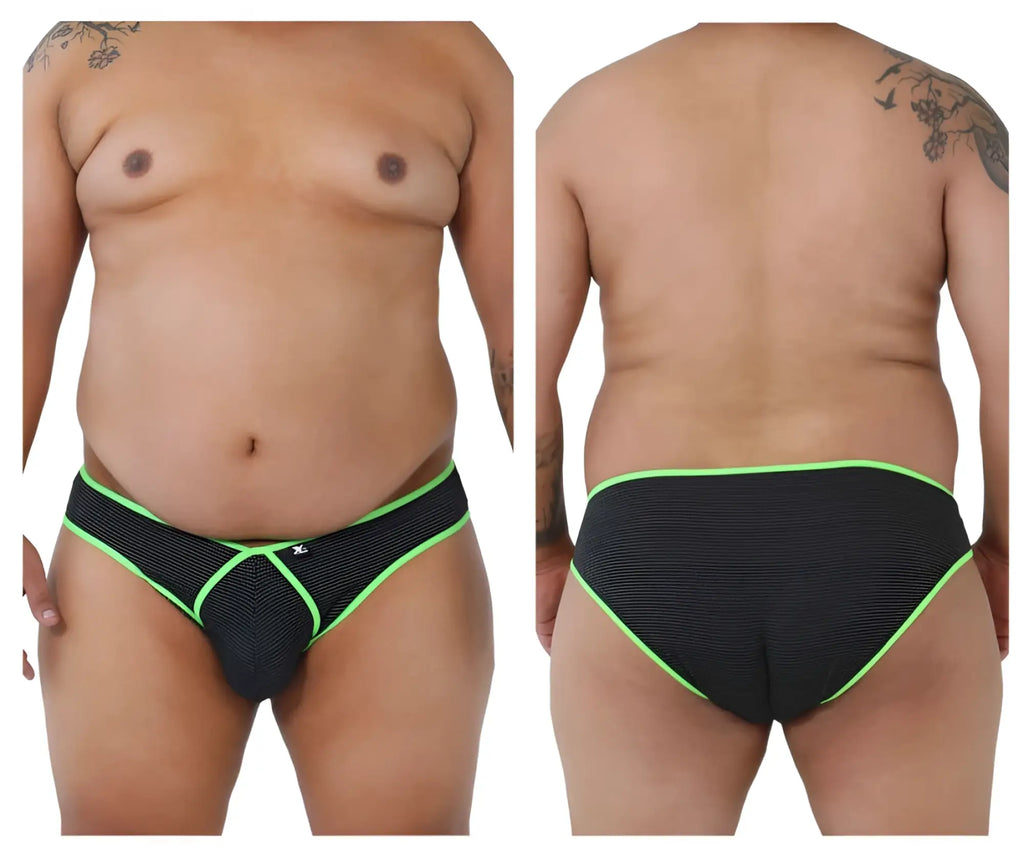 Black xtremen 91021x microfiber briefs with neon green trim mesh fabric and small white logo on front
