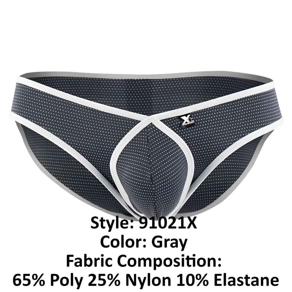 Gray xtremen 91021x microfiber men’s briefs with subtle white dot pattern, white trim, and x-shaped front design