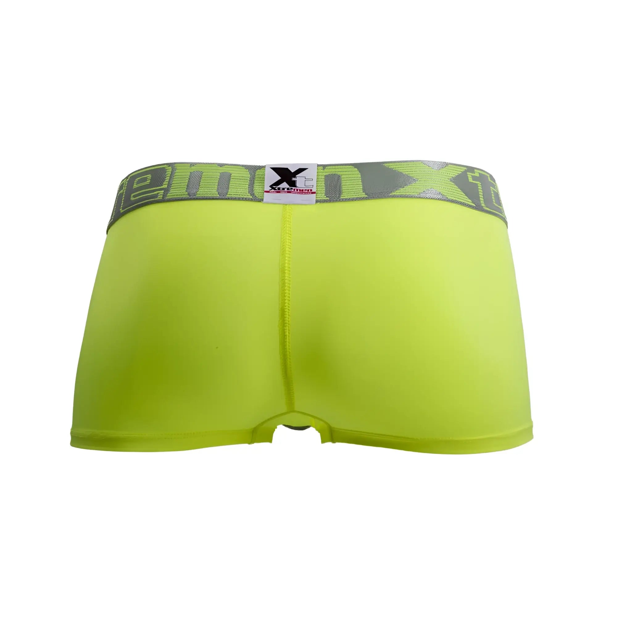 Bright neon green xtremen 91028 piping men’s boxer briefs with gray elastic waistband and xtreme logo tag