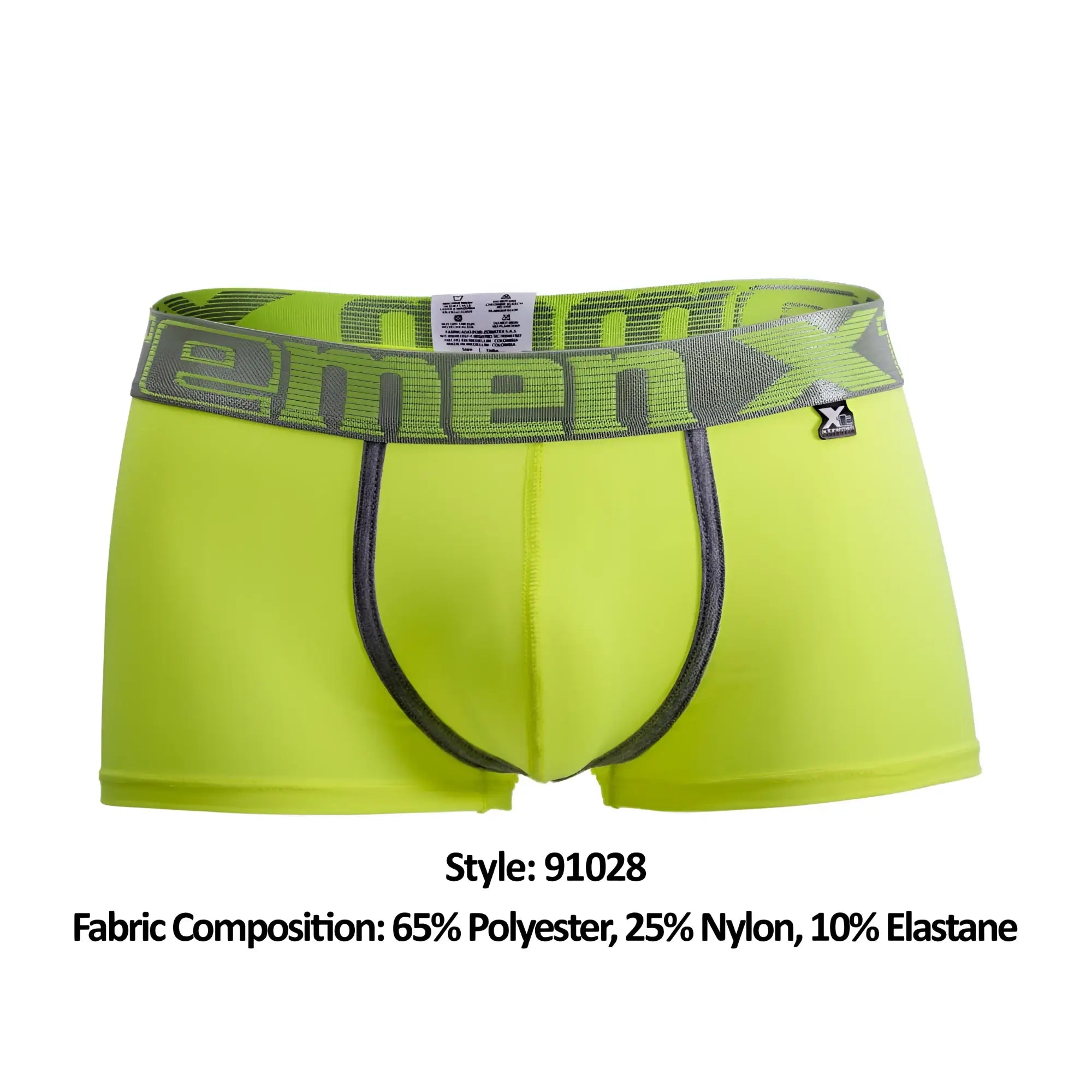 Bright neon green xtremen 91028 piping boxer briefs with gray emenx elastic waistband and brand tag