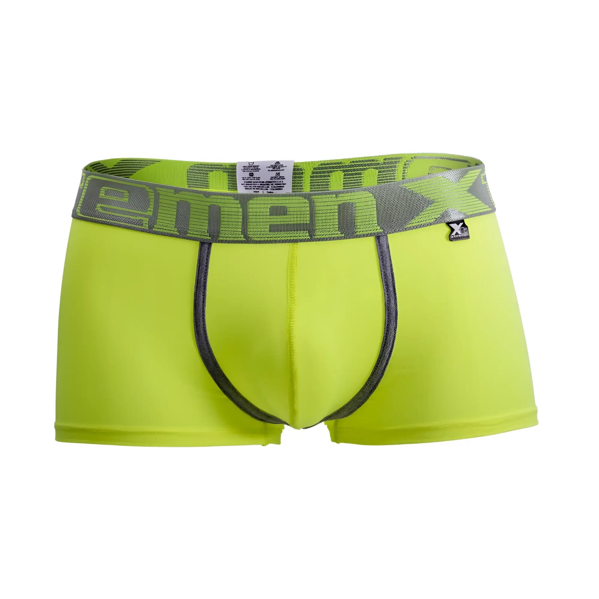 Bright neon green xtremen 91028 piping men’s boxer briefs with gray emenx waistband and black leg stitching