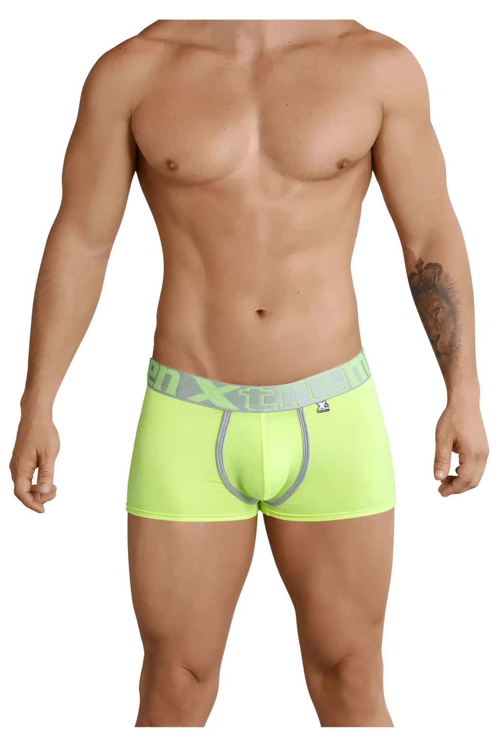 Neon green xtremen 91028 piping men’s boxer briefs with gray elastic waistband and x-treme logo on the side