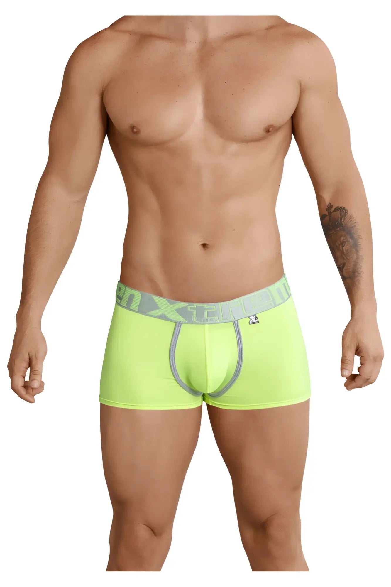 Neon green xtremen 91028 piping men’s boxer briefs with gray elastic waistband and x-treme logo on the side