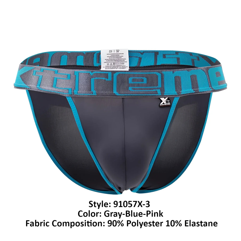 Black and teal Xtremen 91057X-3 athletic briefs with bold extreme logo, polyester elastane blend, sleek bikini design