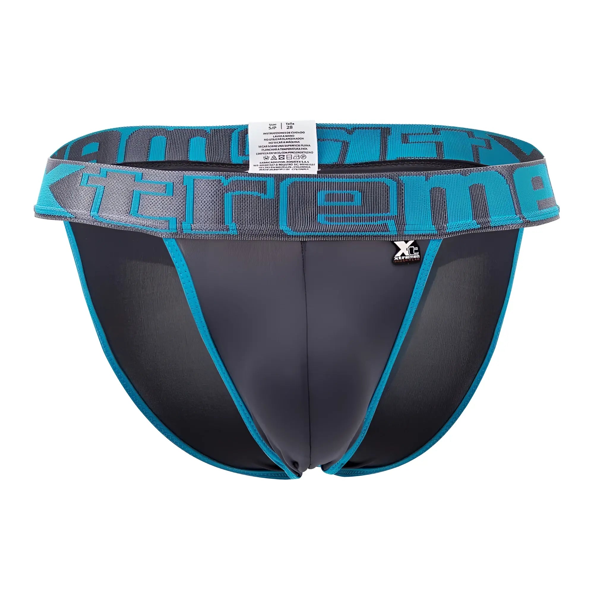 Black and teal xtremen athletic briefs with bold xtreme logo waistband in gray, blue, and pink bikini 3pk pack