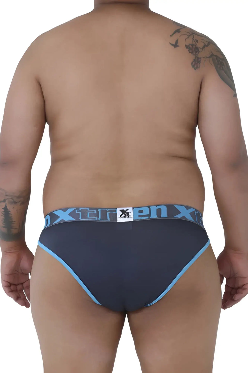 Dark gray x-tren briefs with light blue trim and branding on the waistband from xtremen 91057x-3 3pk bikini set