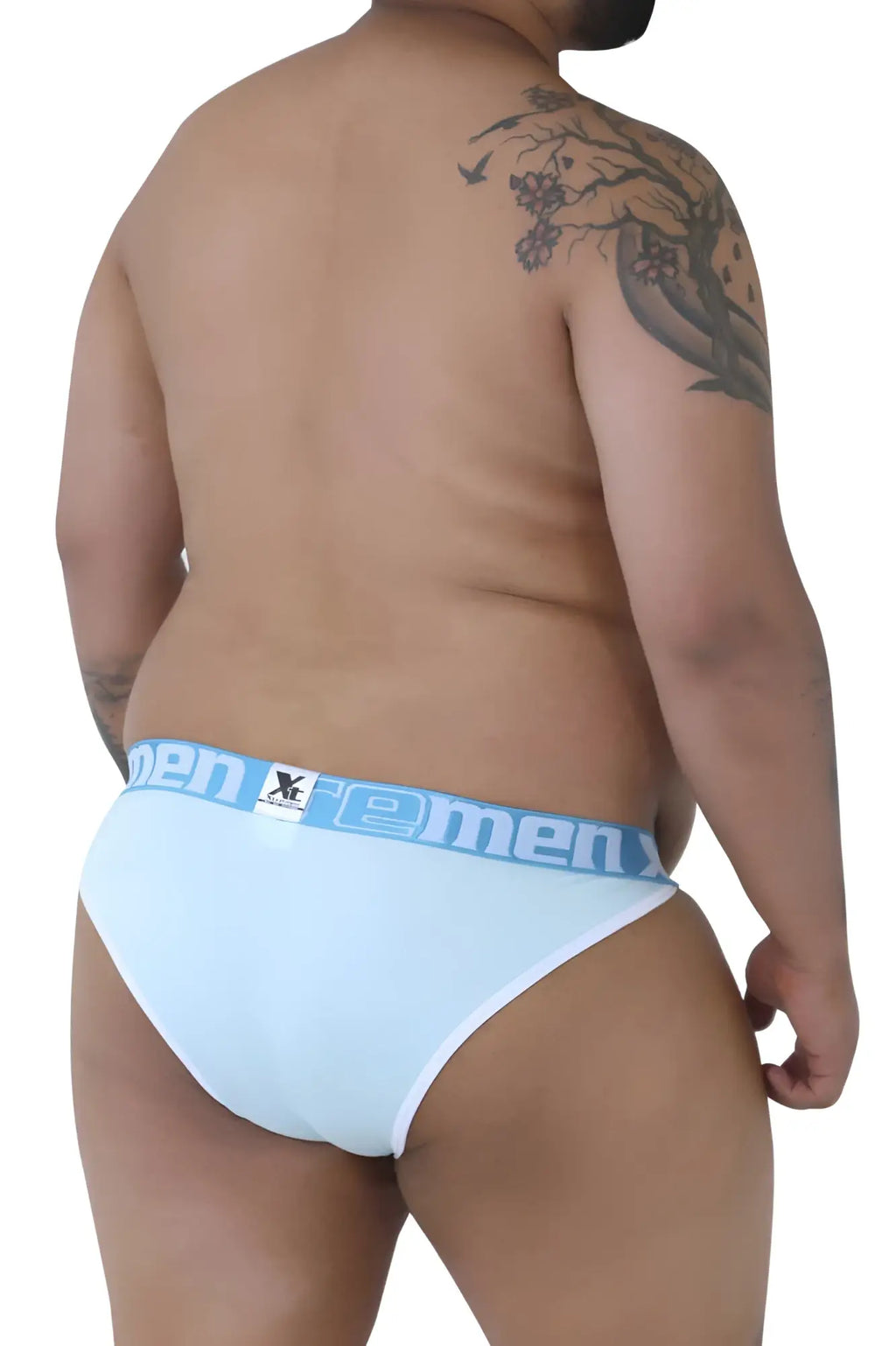 Light blue men’s briefs with white trim and x-men branding on waistband from xtremen 91057x-3 3pk bikini set