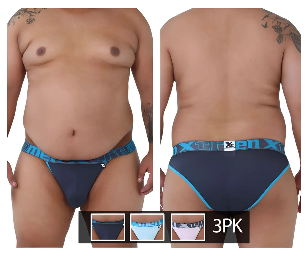 Xtremen 91057x-3 3pk bikini briefs in navy and light blue with branded waistband perfect for everyday comfort
