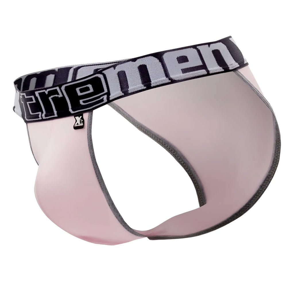 Pink translucent xtremen 91057x-3 men’s briefs with black and gray elastic waistband featuring the xtremen logo