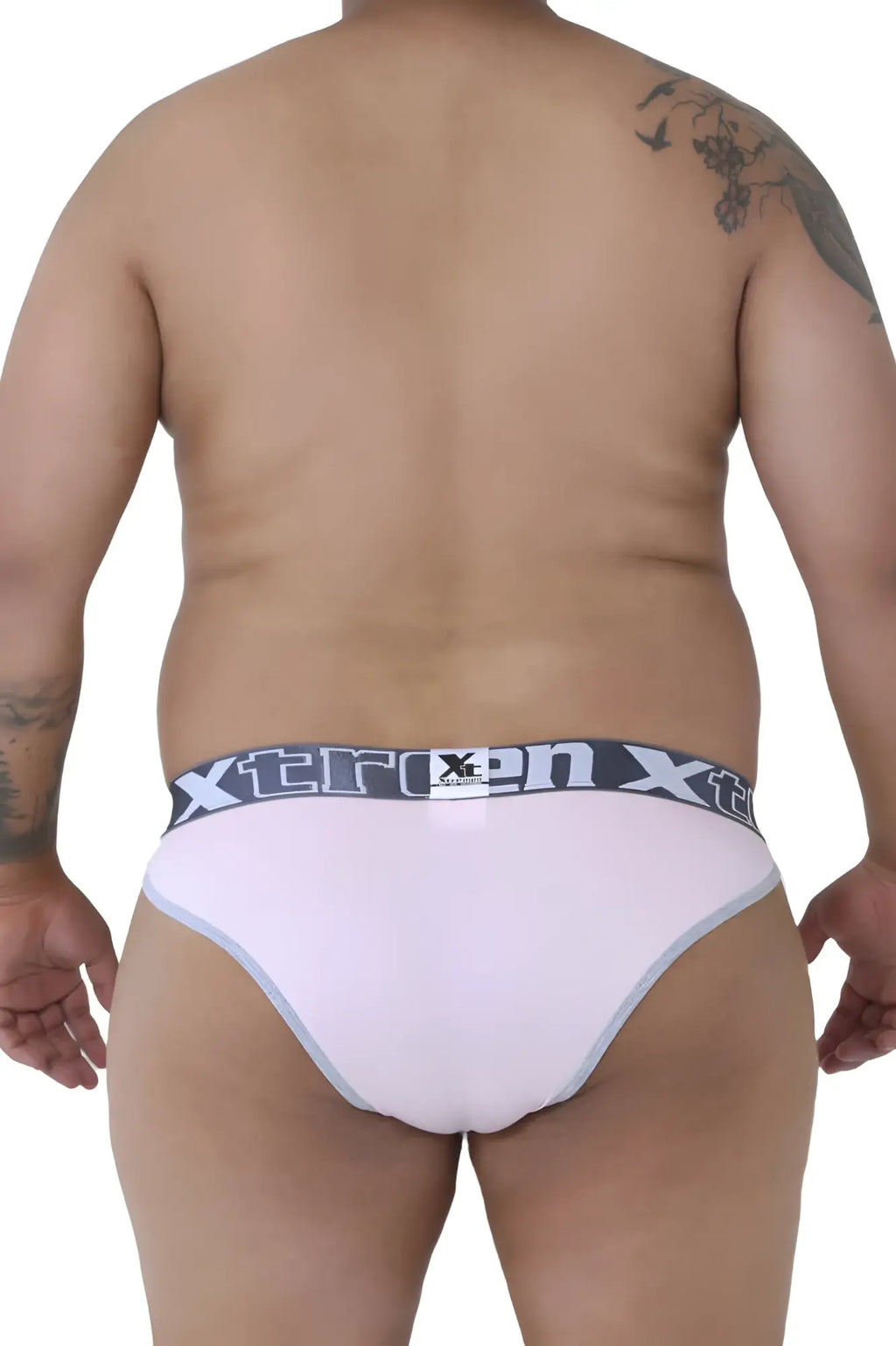 White xteron briefs with gray waistband and black logo in xtremen 91057x-3 bikini 3pk gray blue pink colors