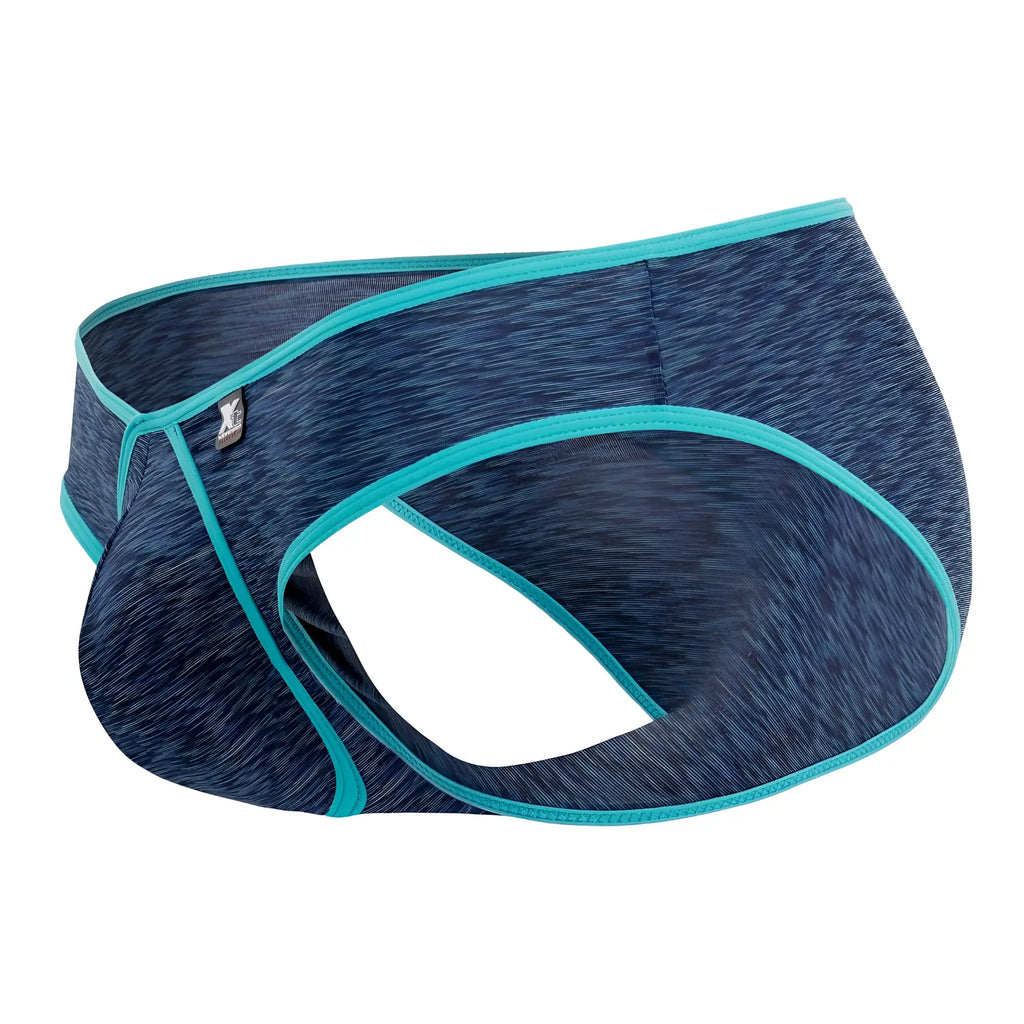 Blue heathered microfiber athletic briefs with teal trim and small logo tag by Xtremen in dark blue color