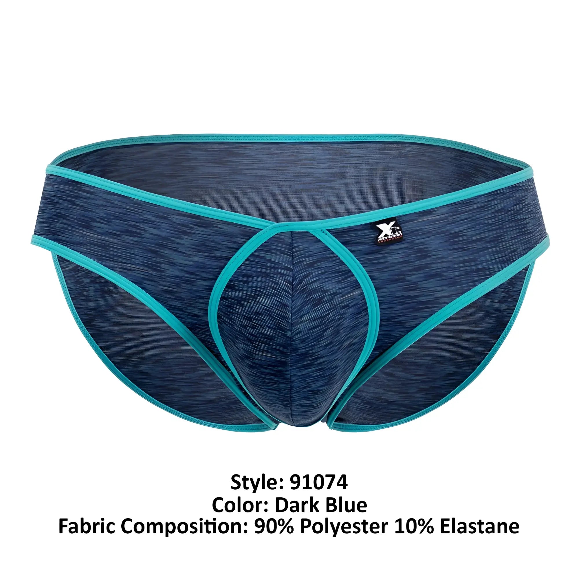 Dark blue xtremen 91074 microfiber briefs with teal trim textured fabric and x-centric logo on the waistband