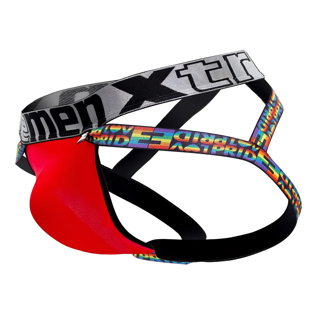Red xtremen 91084 microfiber pride jockstrap with black and rainbow elastic straps and xtreme branding