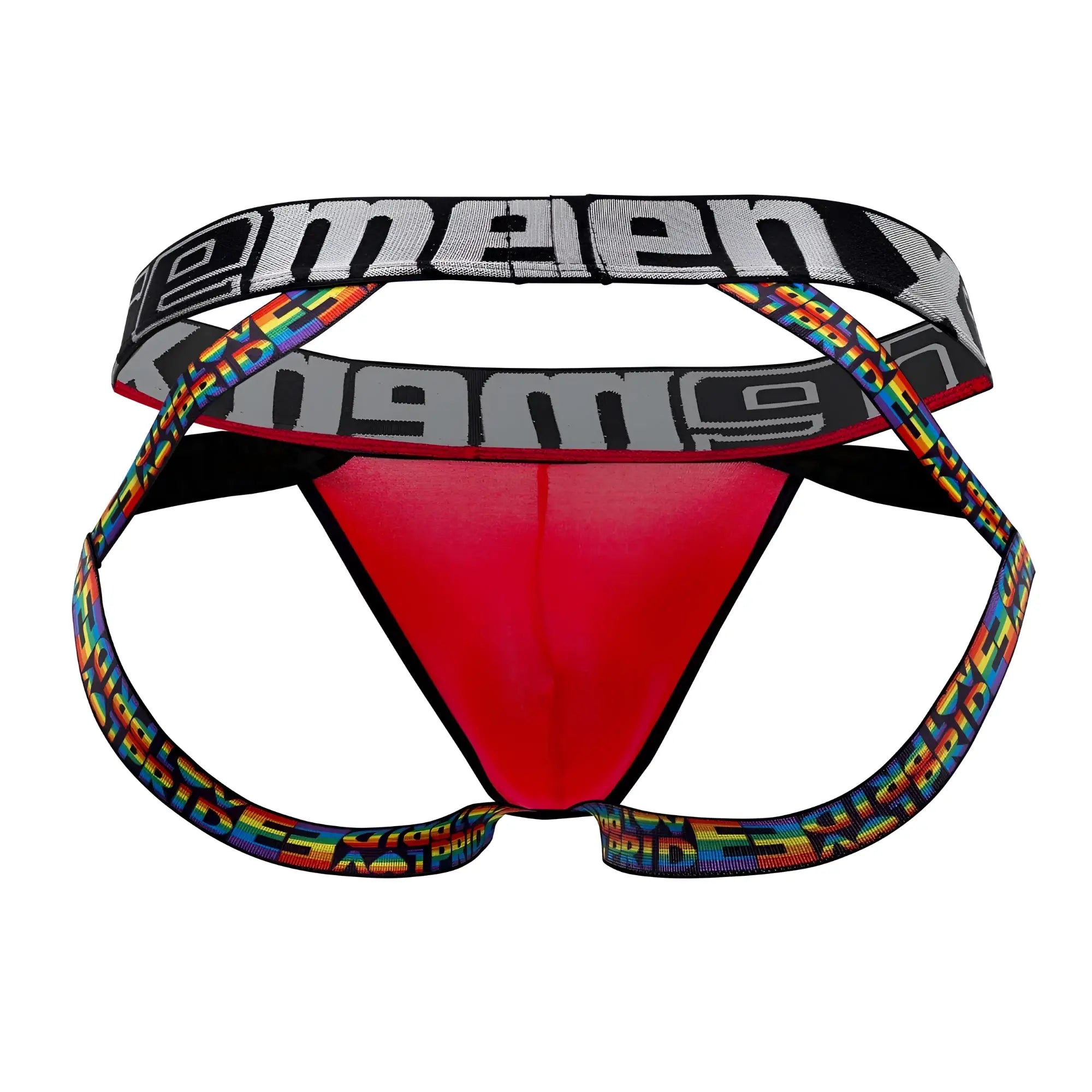 Red men’s microfiber briefs with black waistband and rainbow side straps featuring kimeen branding pride jockstrap
