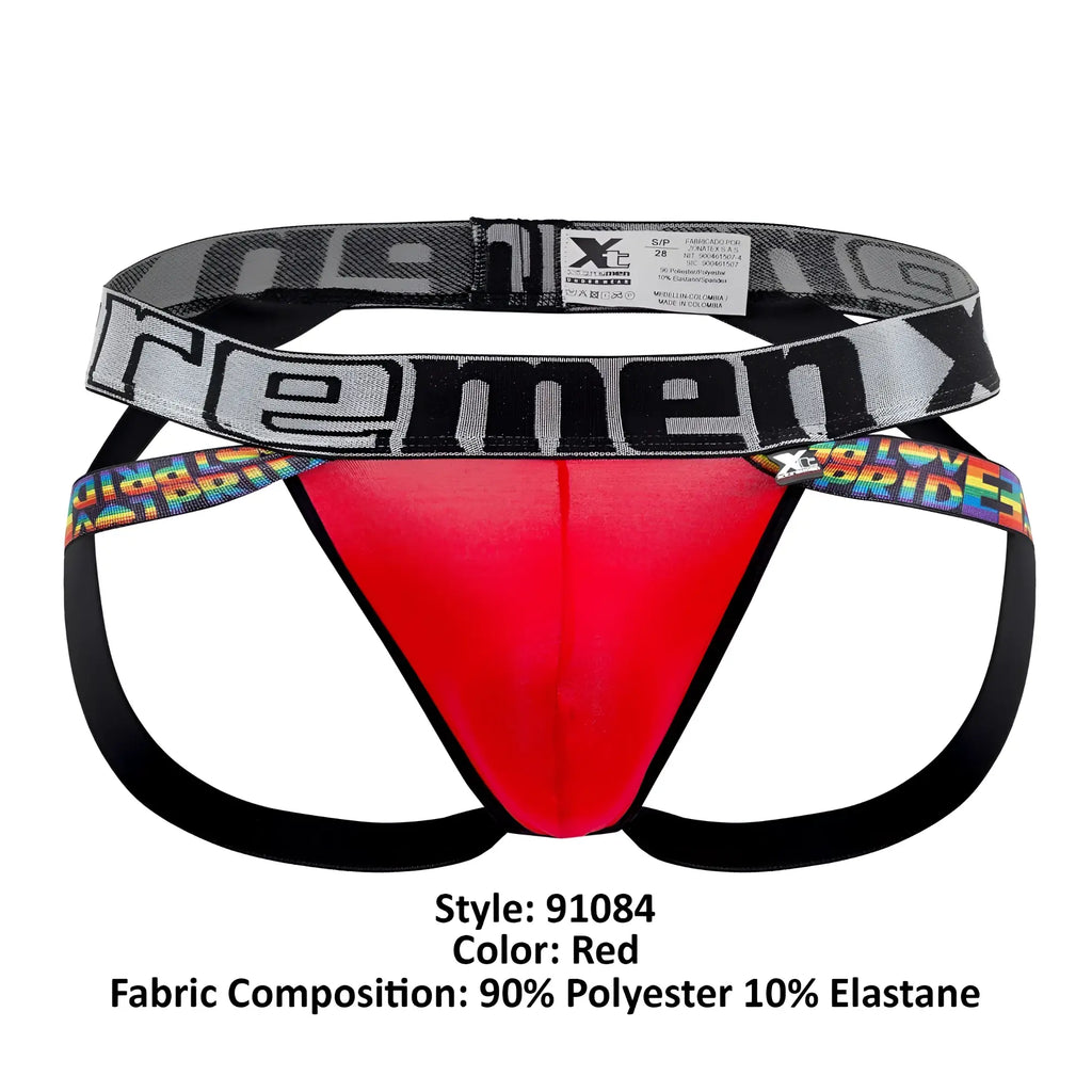 Red xtremen 91084 microfiber pride jockstrap briefs with black remen waistband and rainbow trim on side straps