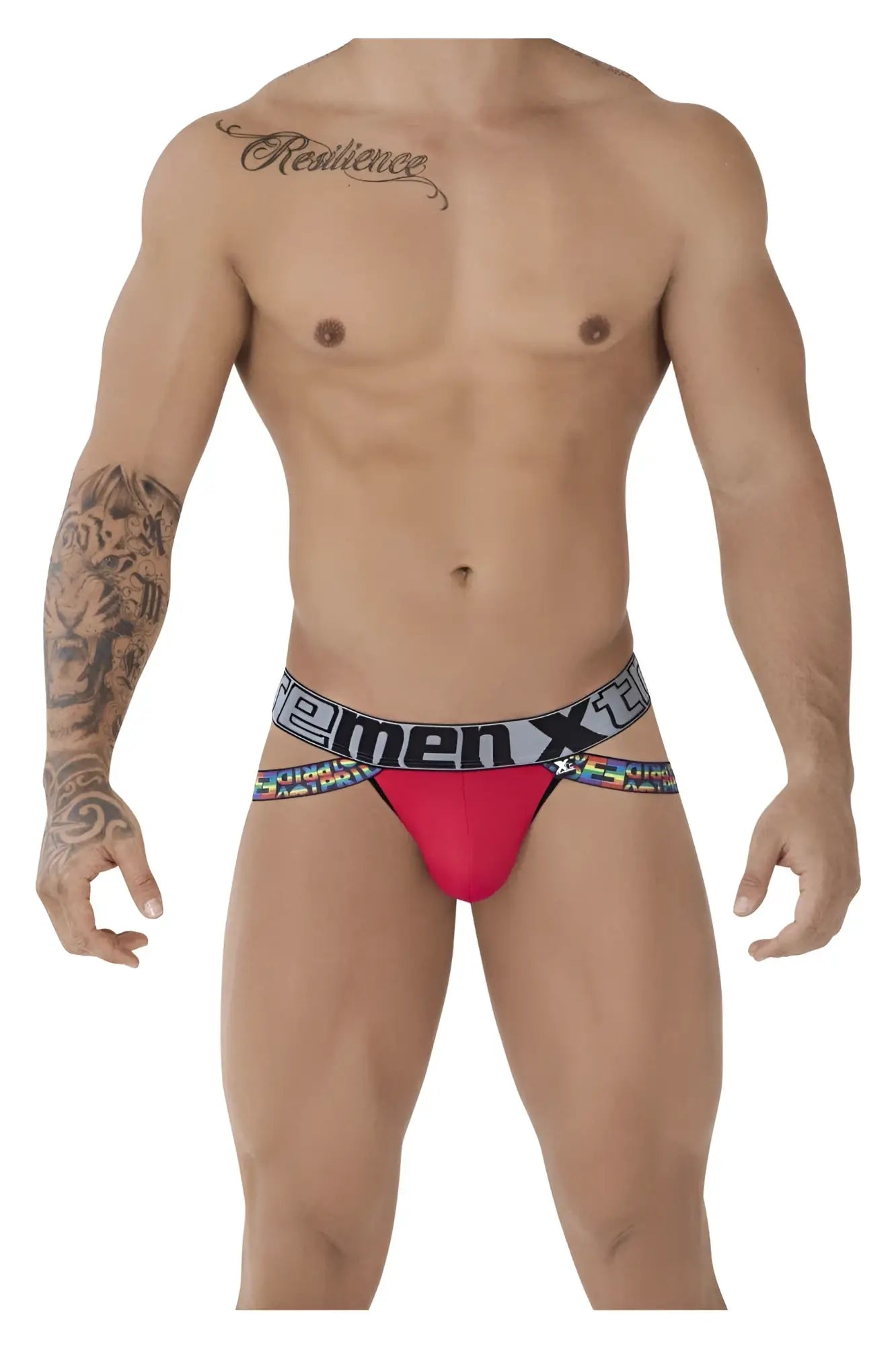 Red xtremen microfiber pride jockstrap with black and white branded xtreme waistband front view