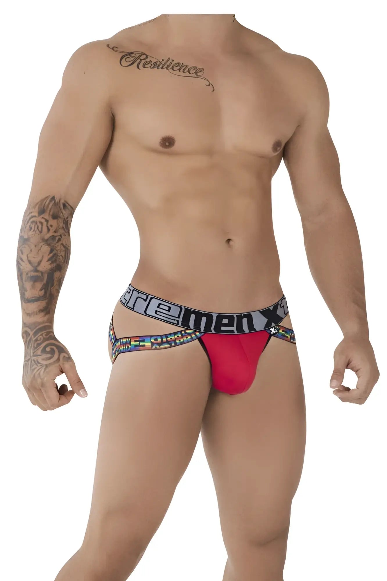 Red men’s microfiber briefs with colorful patterned waistband featuring freemen x logo in pride jockstrap style