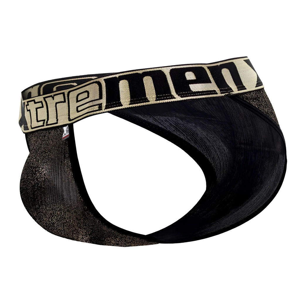 Black and gold glittery men’s microfiber bikini briefs with bold xtremen logo band in black color