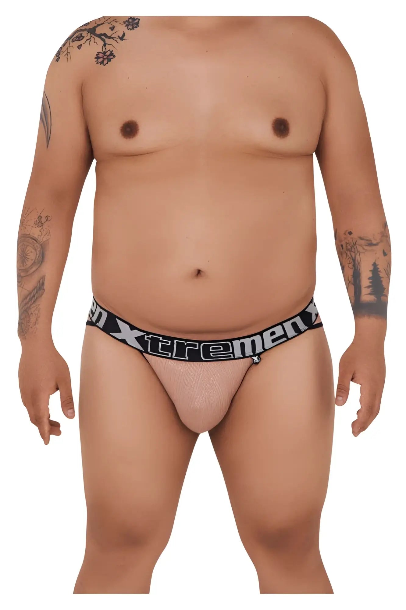 Beige mesh briefs with black elastic waistband featuring xtremen logo in white from xtremen 91089x frice microfiber bikini pink