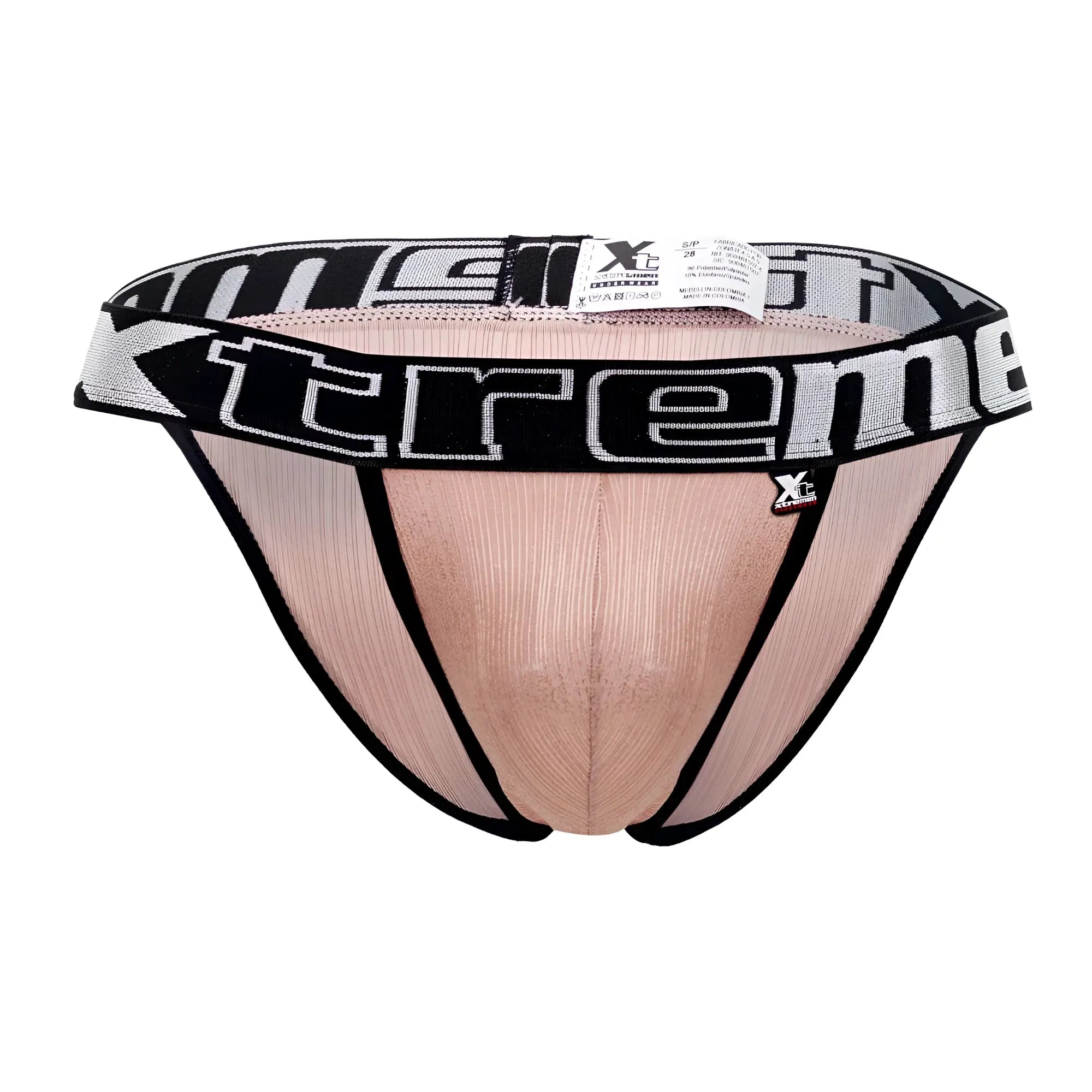 Beige ribbed men’s microfiber briefs with black trim and bold extreme logo band in xtremen 91089x frice bikini style