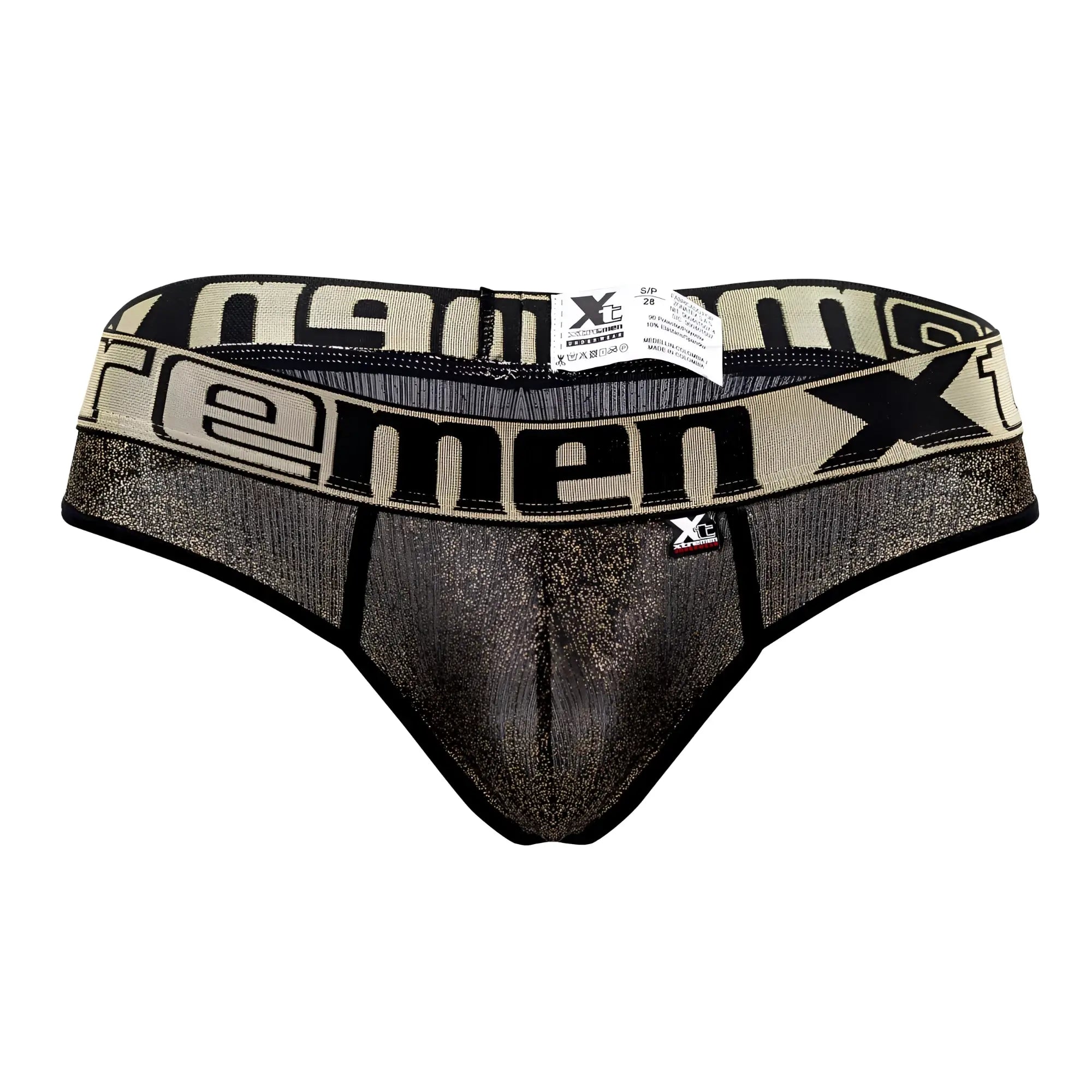Black and beige glittery xtremen 91091x microfiber men’s briefs with bold xtreme waistband branding