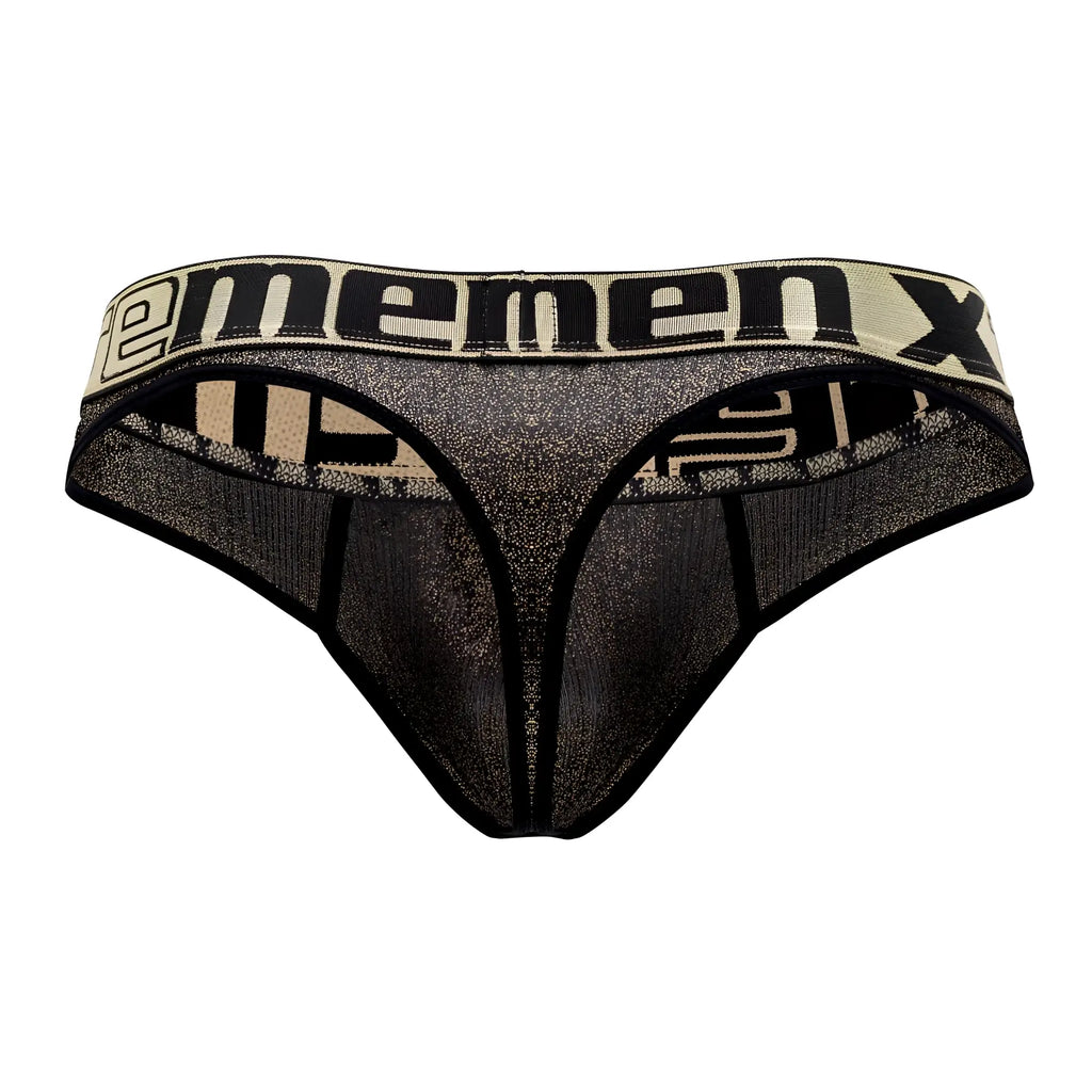 Black and beige mesh Xtremen 91091X microfiber thong with bold ememenx logo on waistband front view