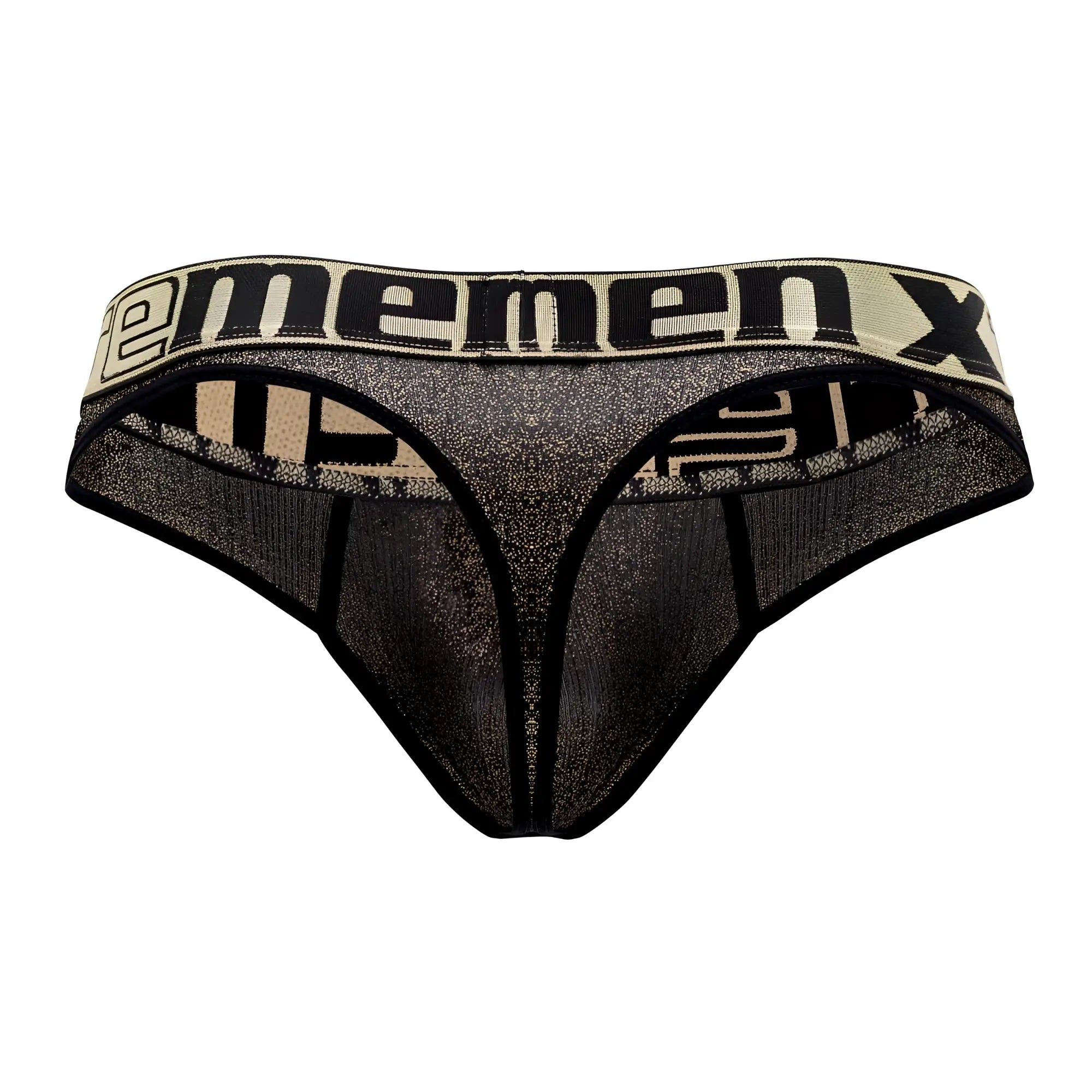 Black and beige mesh Xtremen 91091X microfiber thong with bold ememenx logo on waistband front view