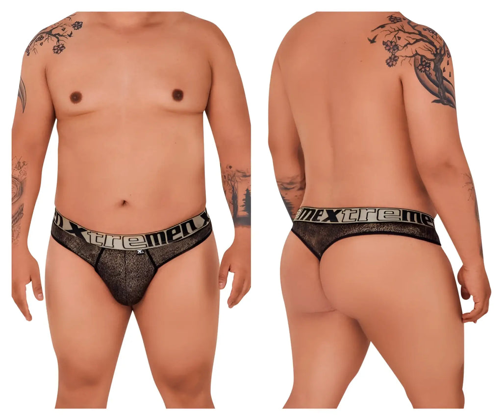 Black lace men’s briefs with shimmering textured microfiber fabric and extreme brand name on the waistband