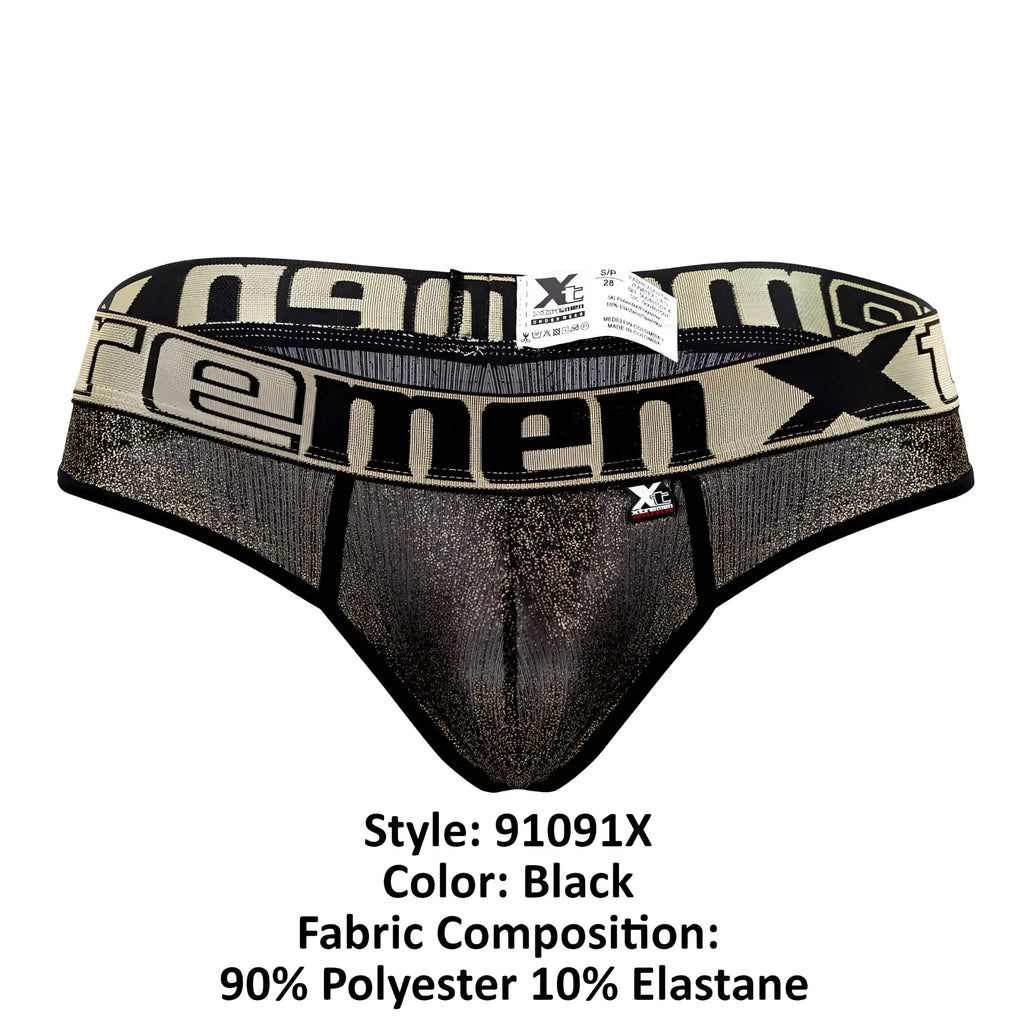 Black xtremen 91091x microfiber thongs with glittery texture and bold x branding on waistband