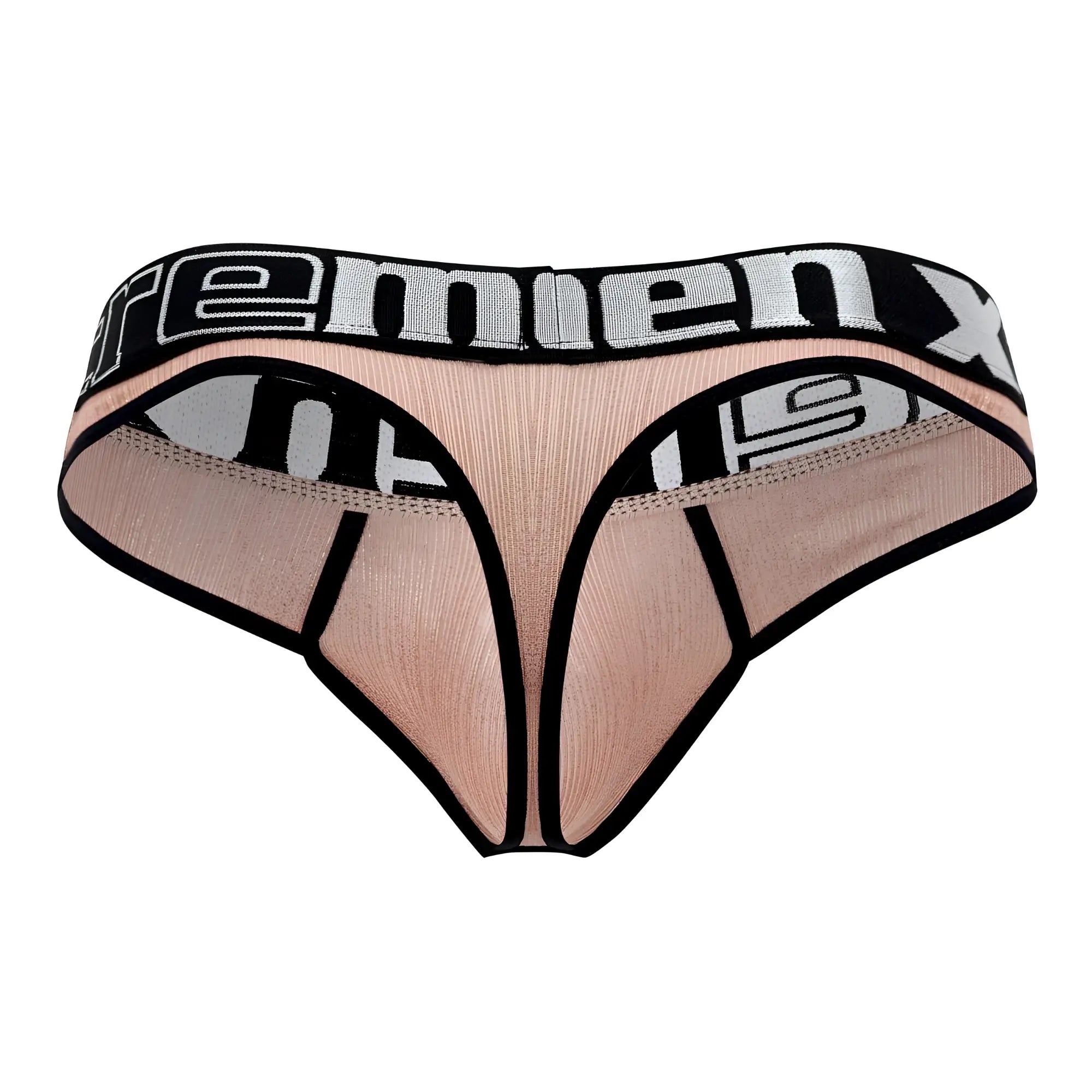 Beige and black mesh microfiber thong with premier x branding on the waistband from xtremen 91091x frice collection