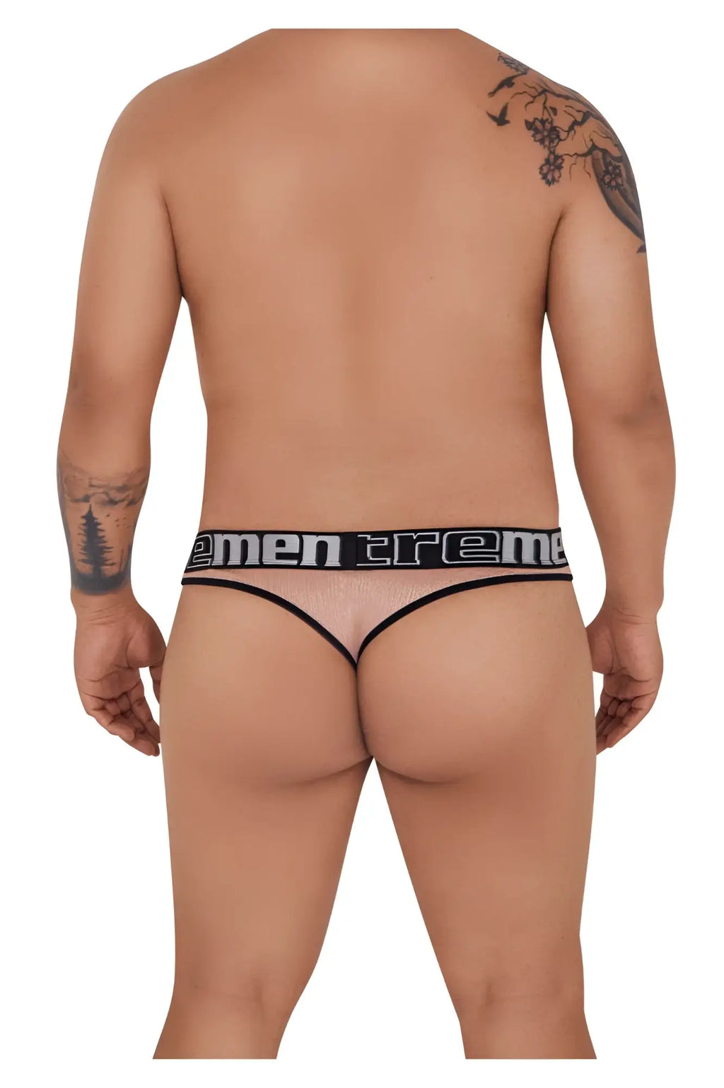 Black and transparent mesh men treme briefs with branded waistband in pink microfiber for comfortable wear